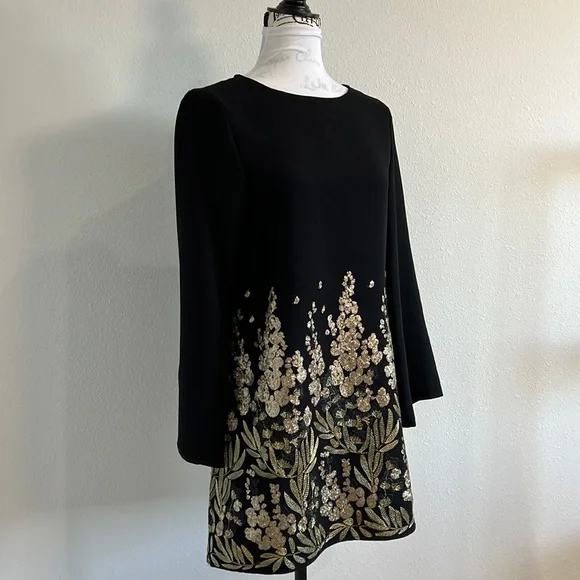 ZARA | BLACK LONG SLEEVE MINI DRESS WITH GOLD EMBELLISHED EMBROIDERY - Picture 2 of 10